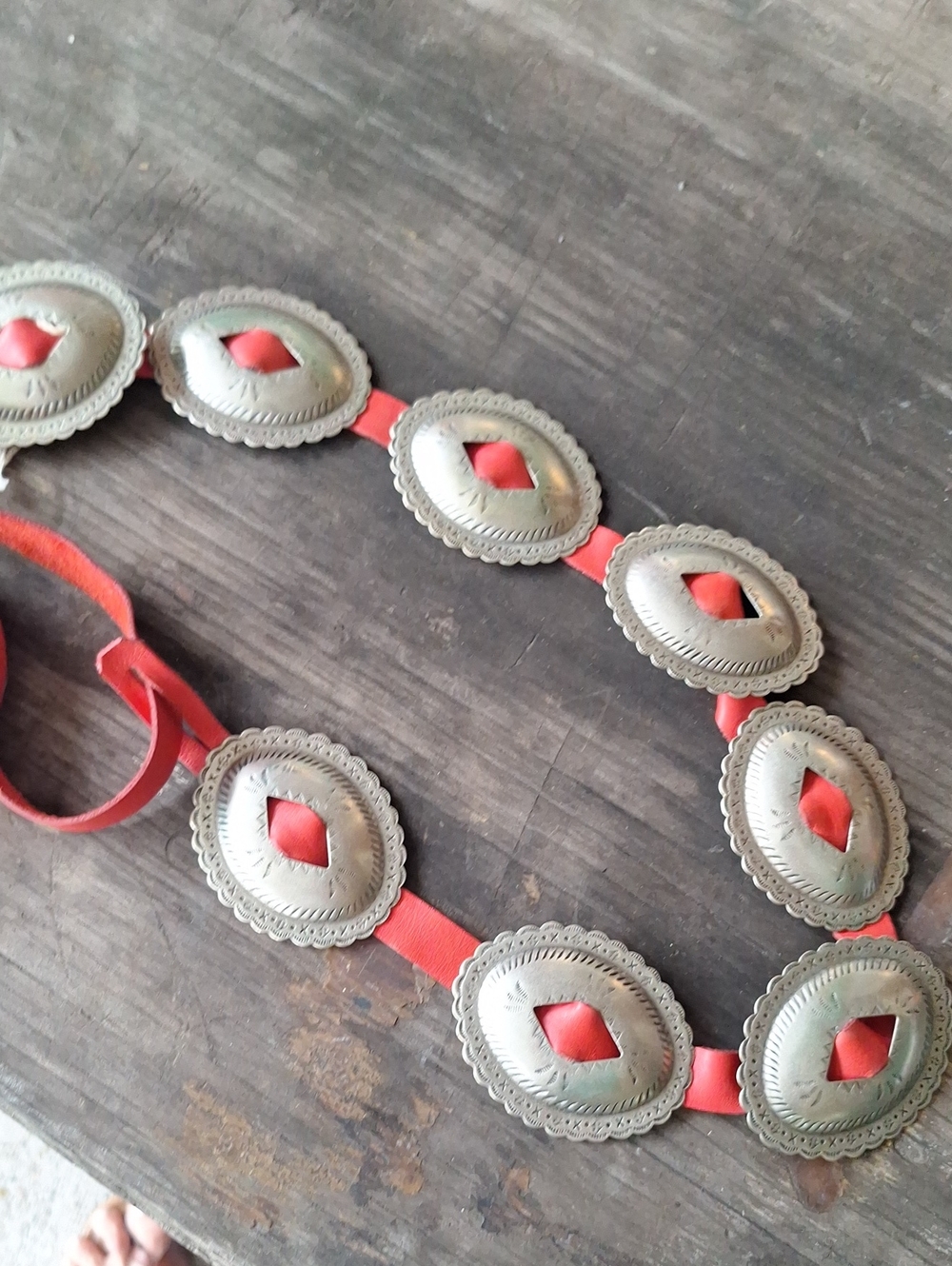 Red leather Concho Belt with Silver-Tone Accents adjustable waist or hip